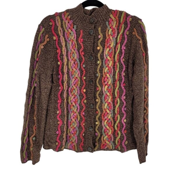 Talbots womens large brown multicolor braided knit lambswool button up sweater - Picture 1 of 9